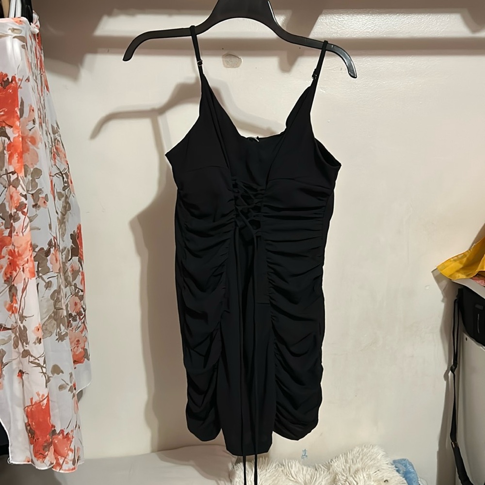 Black Ruched Tie Front Dress